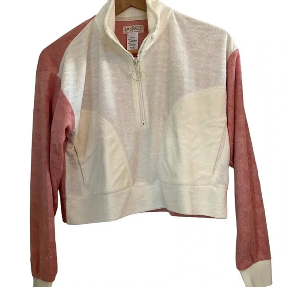 NWT L*Space Best Life Crop Pullover Half Zip Pockets Terry Cloth Pink Cream XS - Picture 5 of 9